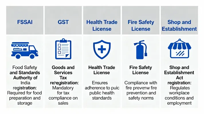 All 5 Licenses Required for Cloud Kitchen in India: FSSAI, GST, Health Trade License, Fire Safety License, Shop and Establishment