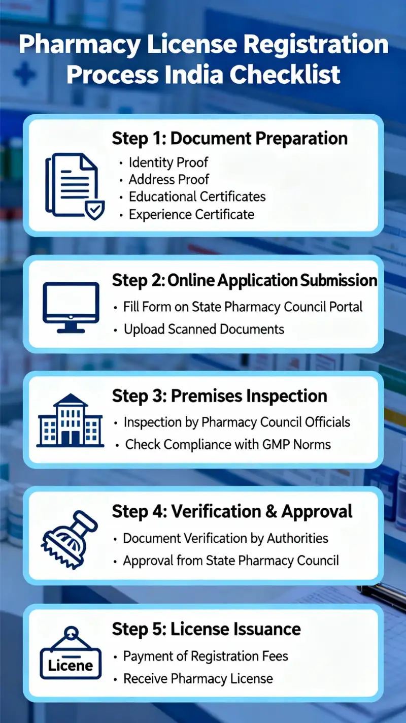 Step-by-step process infographic for pharmacy business registration, licensing, and compliance requirements in India